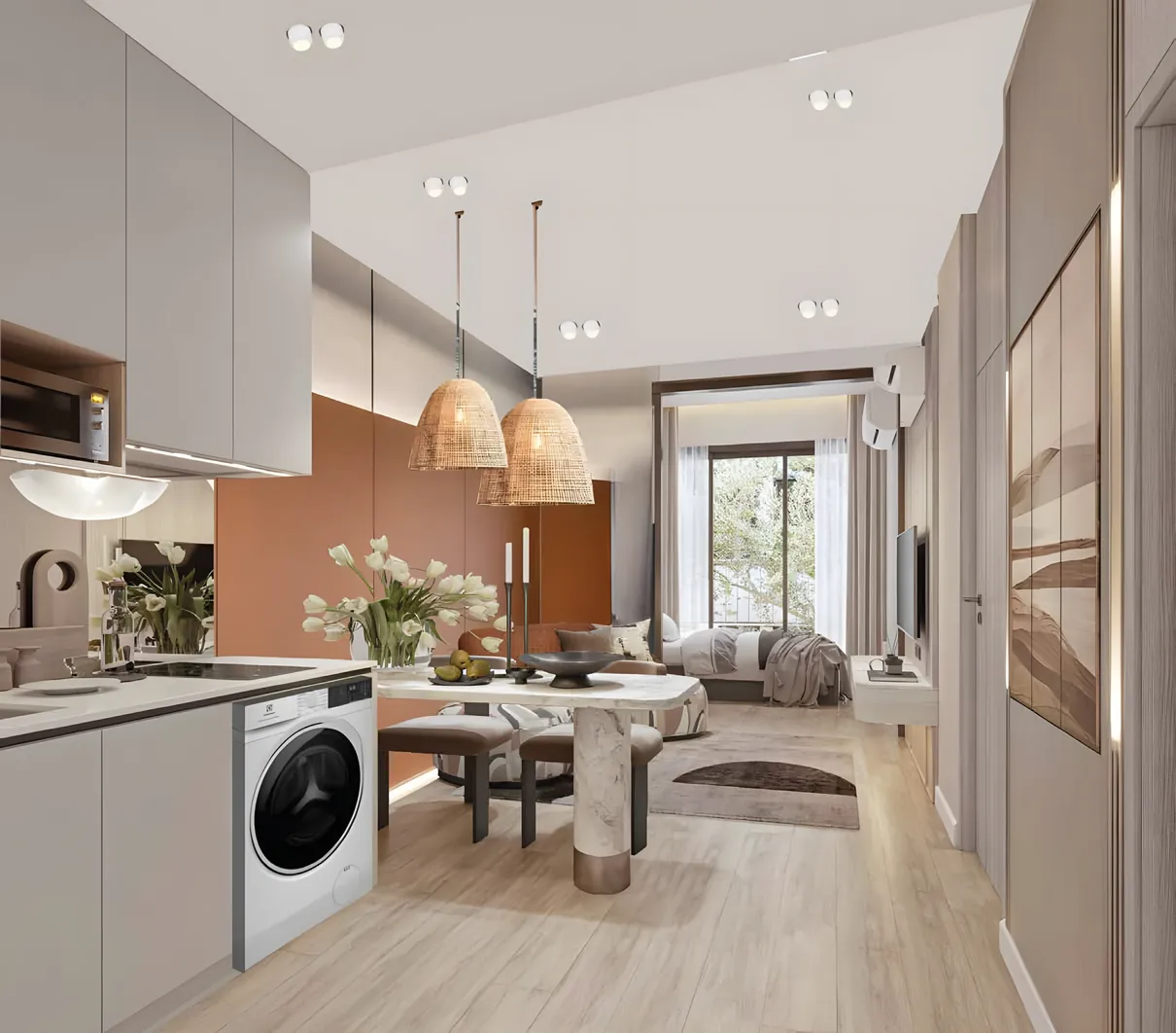 Cuisine ouverte et séjour d'un appartement de type 1 chambre plus