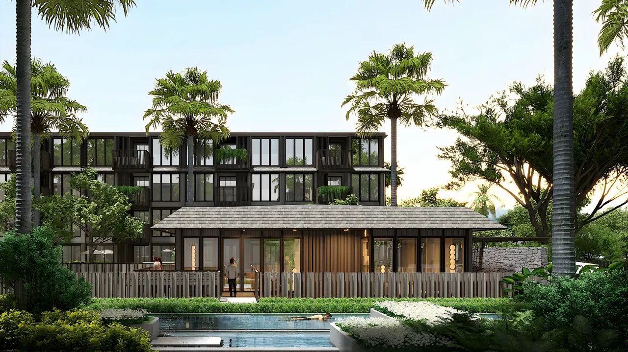 Pavillon de la résidence The Astra Samui au bord de la piscine, avec un bâtiment en arrière-plan