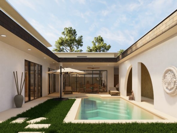 Villa Ruby 2 chambres leasehold Lamai Koh Samui, cour intérieure avec piscine privée, pelouse, terrasse couverte et mur en arche décoratif