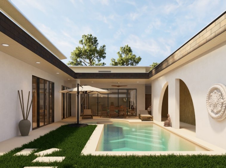 Villa Ruby 2 chambres leasehold Lamai Koh Samui, cour intérieure avec piscine privée, pelouse, terrasse couverte et mur en arche décoratif