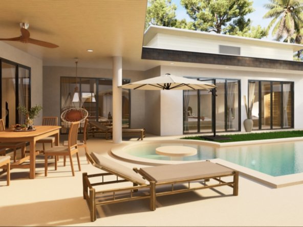 Villa Ruby 4 trois chambres leasehold Lamai centre Koh Samui, terrasse couverte avec table en teck, transats et piscine à sel avec jacuzzi intégré