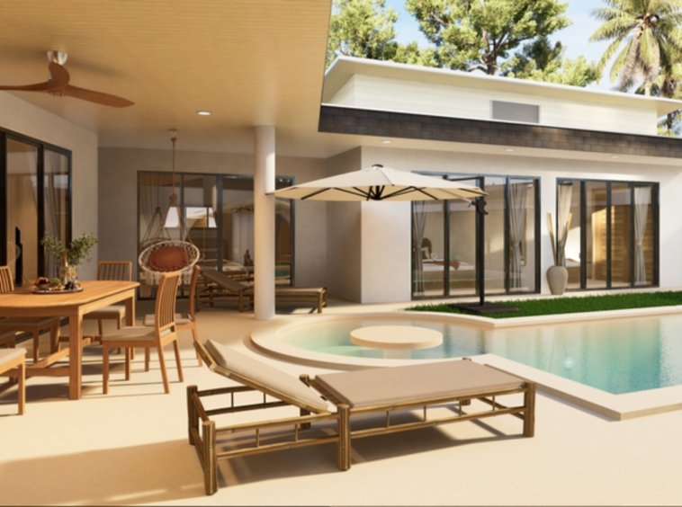 Villa Ruby 4 trois chambres leasehold Lamai centre Koh Samui, terrasse couverte avec table en teck, transats et piscine à sel avec jacuzzi intégré