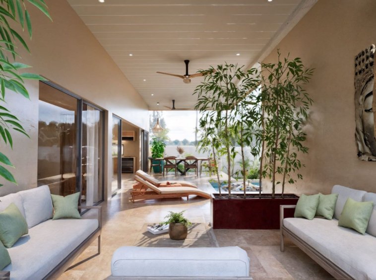 Salon extérieur villa Koh Samui – canapés gris avec coussins verts, décoration bouddha et vue sur piscine et jardin