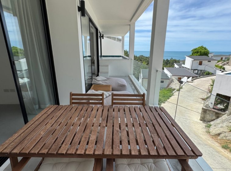 Terrasse table teck balustrade verre piscine vue mer cocotiers appartement Emerald