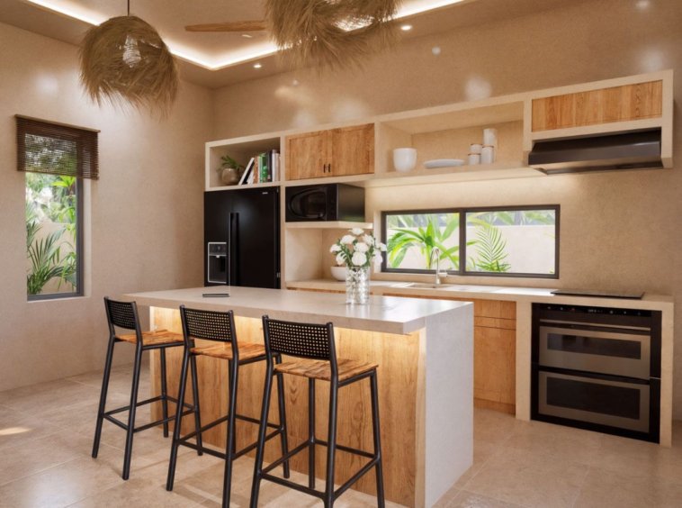 Cuisine équipée villa Koh Samui – îlot en marbre avec tabourets en rotin, électroménager noir et luminaires en raphia
