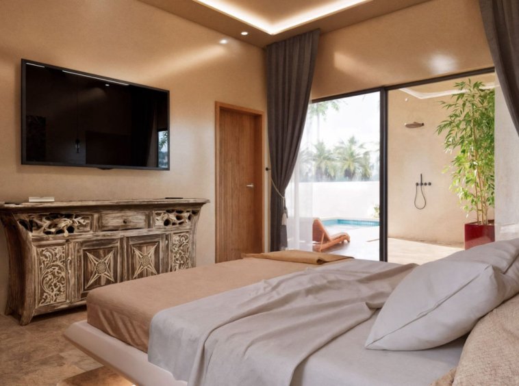 Chambre parentale villa Koh Samui – lit king size, commode sculptée en bois ancien, accès direct piscine et douche extérieure