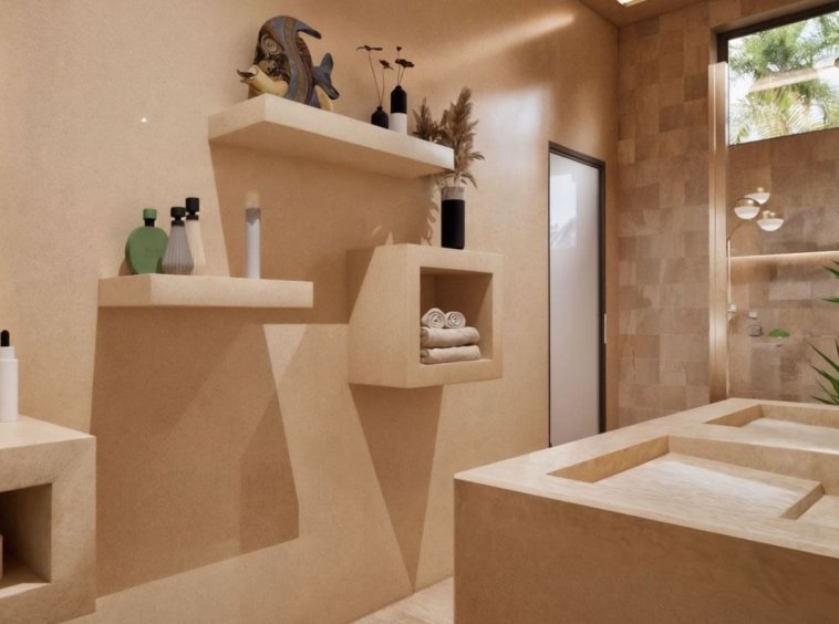 Salle de bain villa Koh Samui – baignoire encastrée en pierre, étagères en béton ciré et douche à l'italienne avec plantes tropicales
