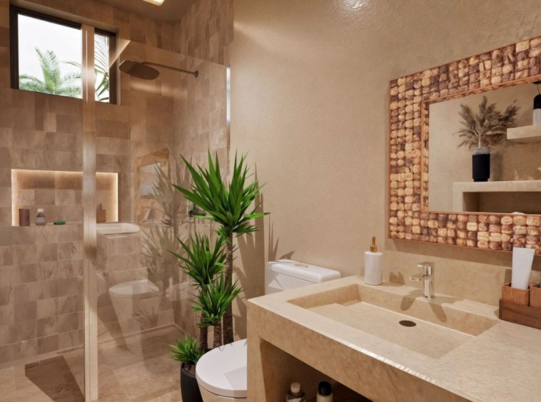 Salle de bain moderne villa Koh Samui – vasque en marbre, miroir encadré en bois naturel et douche carrelée avec pommeau encastré