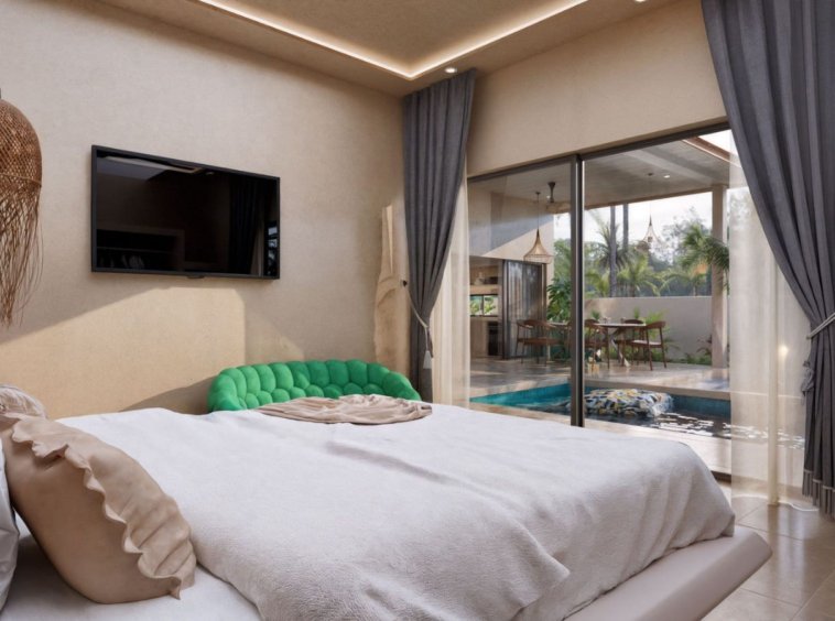 Chambre avec terrasse villa Koh Samui – lit king size, luminaire en rotin, baies vitrées coulissantes avec vue directe sur piscine privée