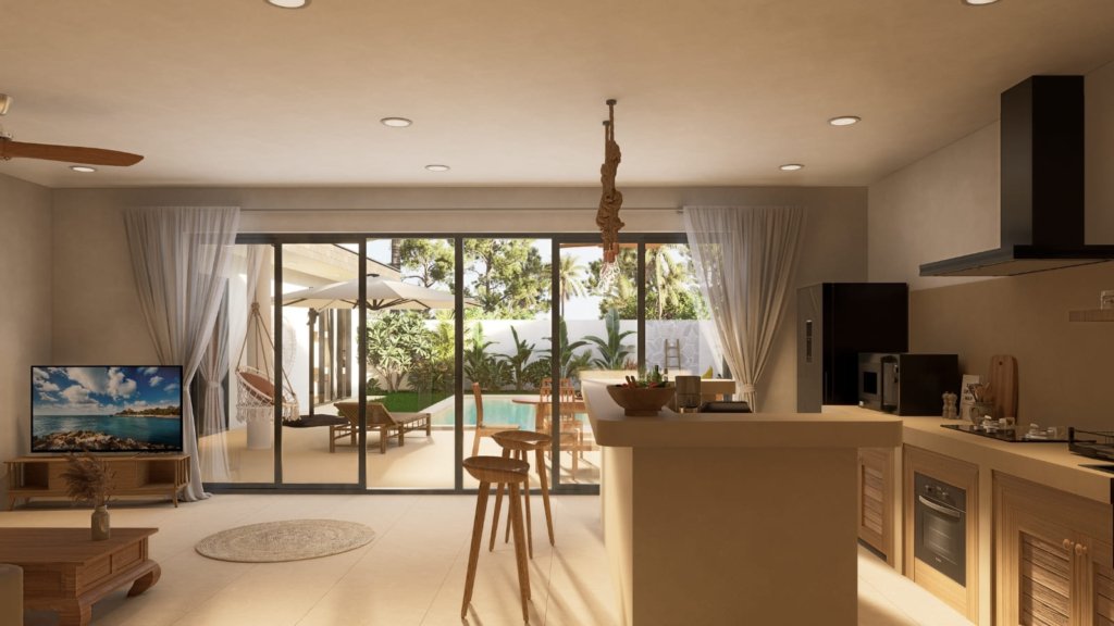 Villa Ruby piscine privée Lamai centre Koh Samui, séjour ouvert avec cuisine équipée, baies vitrées coulissantes et vue directe sur jardin tropical