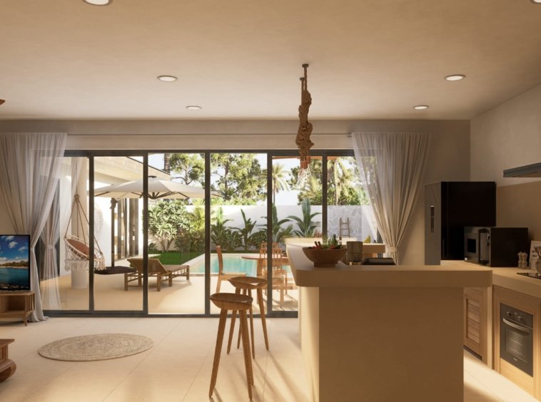 Villa Ruby piscine privée Lamai centre Koh Samui, séjour ouvert avec cuisine équipée, baies vitrées coulissantes et vue directe sur jardin tropical
