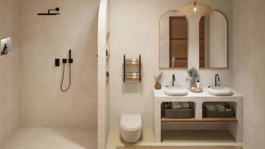 Salle de bain villa Siam Harmony Lamai Koh Samui, double vasque béton ciré et douche italienne