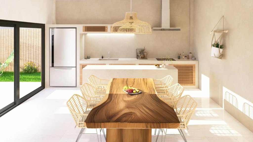 Villa à vendre Lamai Koh Samui, cuisine ouverte table bois massif et îlot en béton ciré