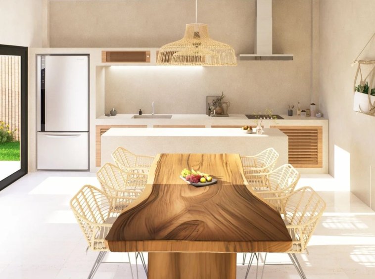 Villa à vendre Lamai Koh Samui, cuisine ouverte table bois massif et îlot en béton ciré