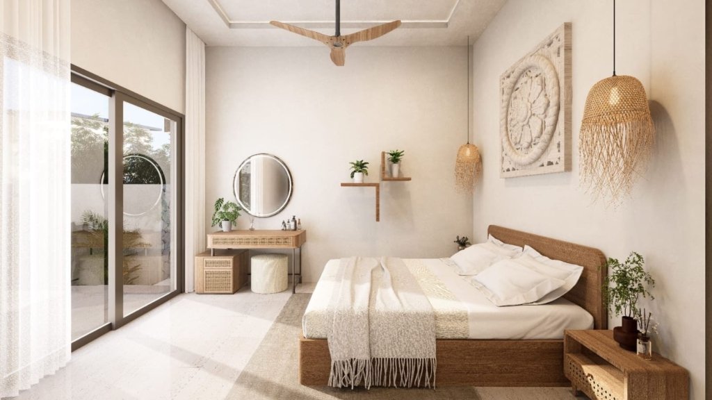 Deuxième chambre avec baie vitrée et accès jardin d'une villa 2 chambres à vendre à Baan Dao, centre de Lamai, Koh Samui