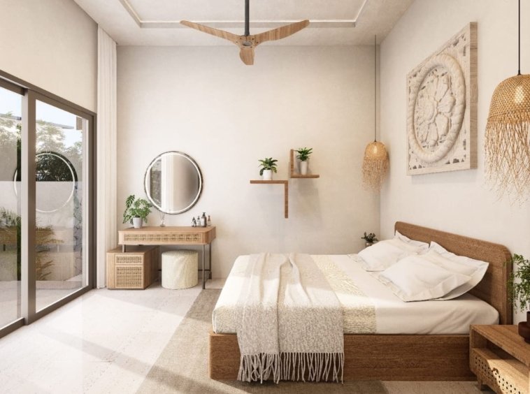 Deuxième chambre avec baie vitrée et accès jardin d'une villa 2 chambres à vendre à Baan Dao, centre de Lamai, Koh Samui