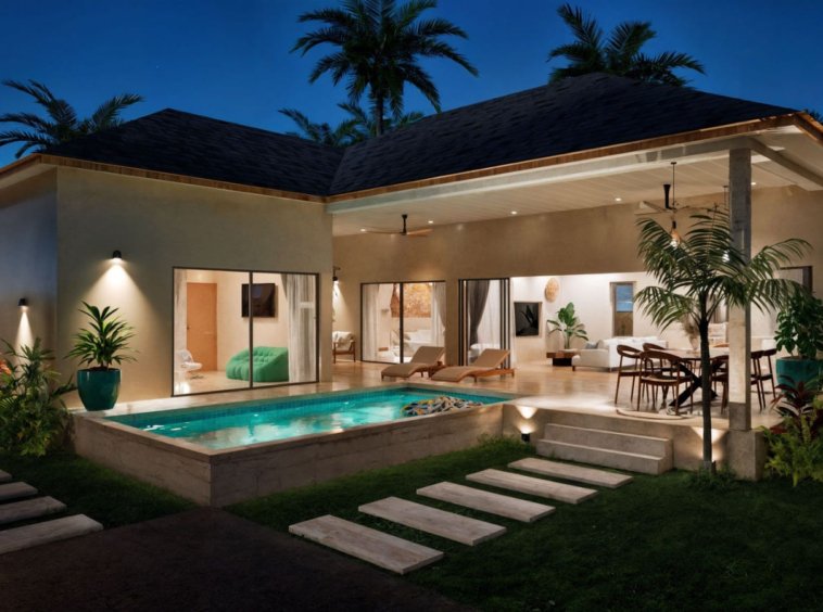 Villa Koh Samui de nuit – façade illuminée avec piscine privée turquoise, jardin tropical et terrasse couverte en pleine lumière