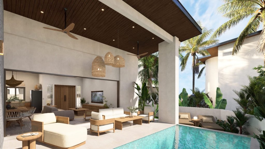 Salon ouvert sur piscine privée d'une villa 2 chambres à vendre à Baan Dao, centre de Lamai, Koh Samui