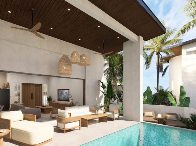 Salon ouvert sur piscine privée d'une villa 2 chambres à vendre à Baan Dao, centre de Lamai, Koh Samui
