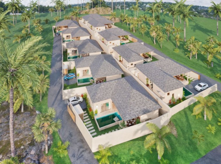 Projet immobilier sur plan Koh Samui – vue aérienne 3D du lotissement avec villas à piscine privée, jardins et palmiers