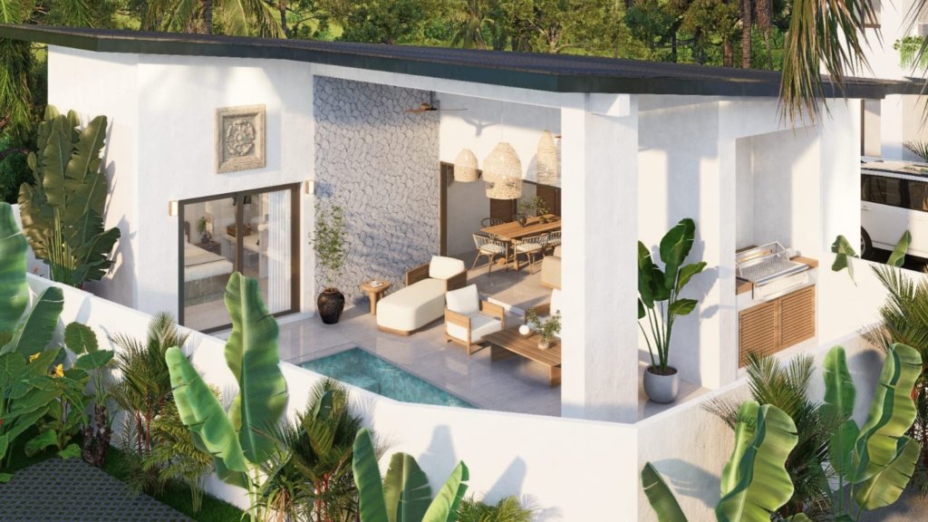 Vue aérienne d'une villa 2 chambres avec piscine à vendre à Baan Dao, centre de Lamai, Koh Samui