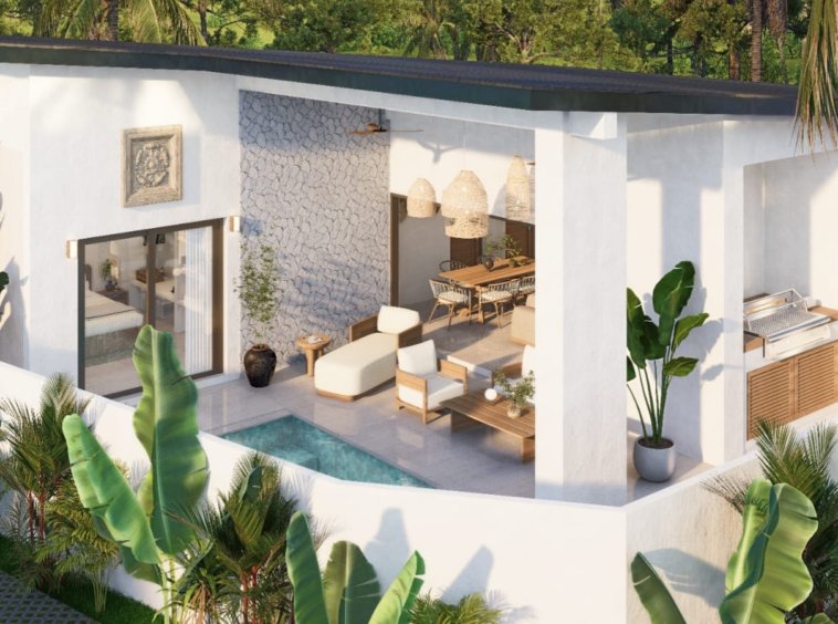 Vue aérienne d'une villa 2 chambres avec piscine à vendre à Baan Dao, centre de Lamai, Koh Samui