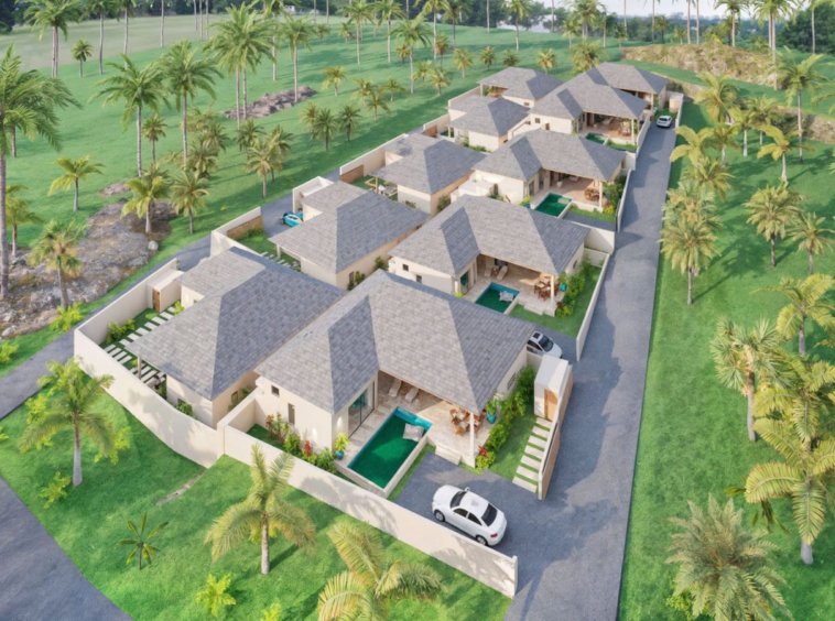 Villas sur plan Koh Samui – rendu 3D aérien du projet immobilier avec plusieurs villas à piscine privée entourées de verdure