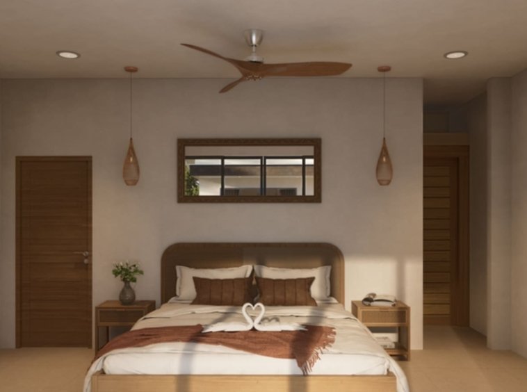 Chambre villa Ruby 2 chambres Lamai Koh Samui, lit double avec tête de lit en bois, suspensions en verre ambré et ventilateur de plafond