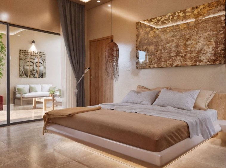 Chambre villa 2 chambres Koh Samui – lit plateforme avec éclairage LED intégré, décoration zen et accès terrasse privée