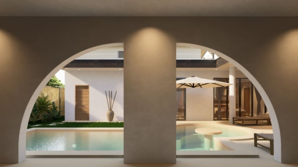 Villa leasehold piscine privée Lamai Koh Samui, vue encadrée par une arche en béton sur la piscine avec transat et parasol blanc