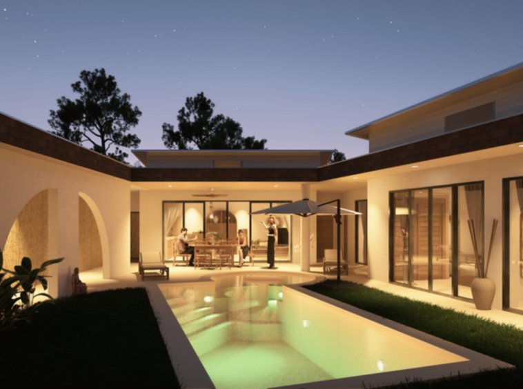 Villa leasehold Lamai centre Koh Samui de nuit, cour intérieure illuminée avec piscine, arche décorative blanche et espace repas couvert