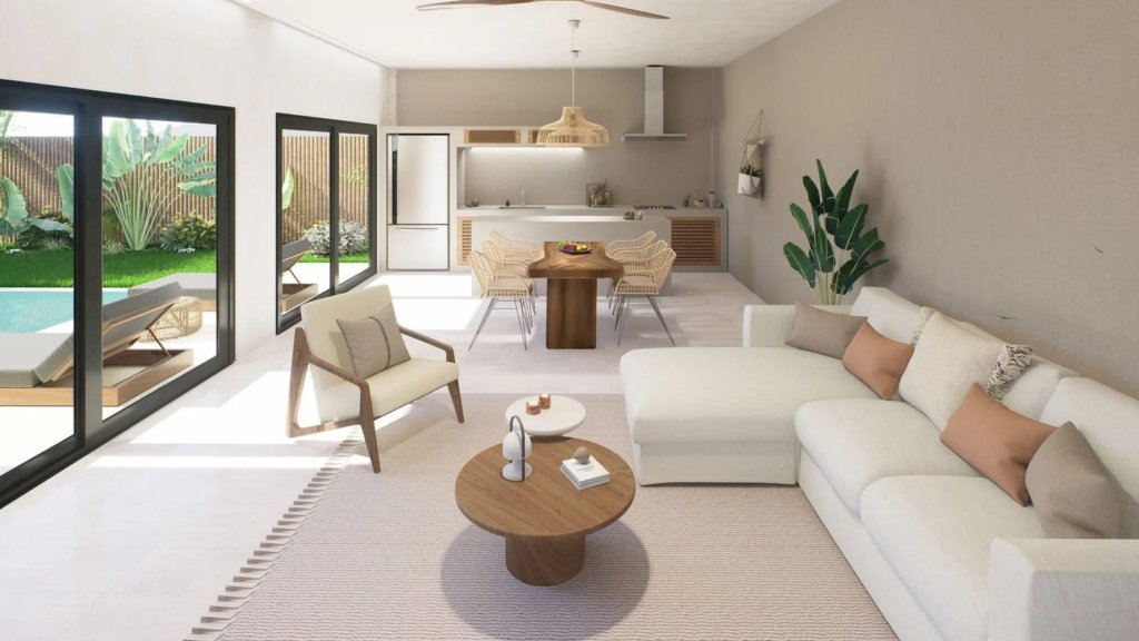 Séjour ouvert villa leasehold Siam Harmony Lamai Koh Samui, cuisine équipée et baies vitrées piscine