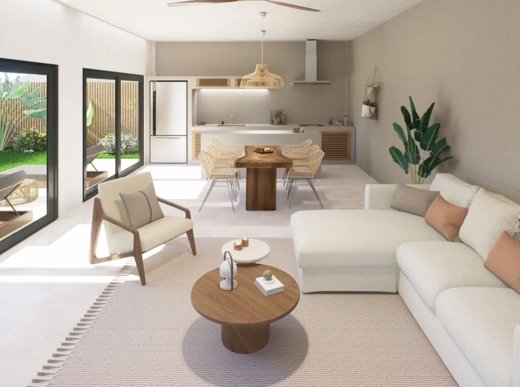 Séjour ouvert villa leasehold Siam Harmony Lamai Koh Samui, cuisine équipée et baies vitrées piscine