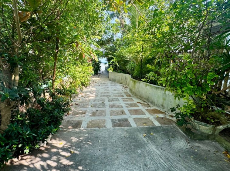 Chemin privé dallage pierre végétation tropicale accès plage villa Baan Lotus