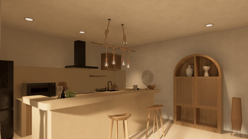 Villa à vendre Lamai Koh Samui, cuisine ouverte avec îlot en béton ciré, tabourets en bois, luminaires en corde et étagère arrondie en rotin