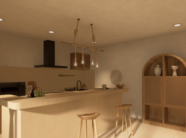 Villa à vendre Lamai Koh Samui, cuisine ouverte avec îlot en béton ciré, tabourets en bois, luminaires en corde et étagère arrondie en rotin