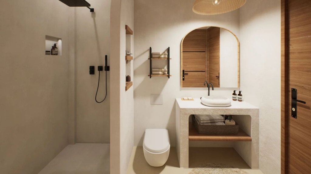 Salle de bain villa Siam Harmony Lamai Koh Samui, douche à l'italienne et vasque design naturel