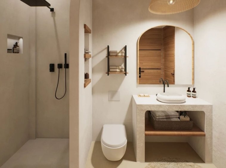 Salle de bain villa Siam Harmony Lamai Koh Samui, douche à l'italienne et vasque design naturel