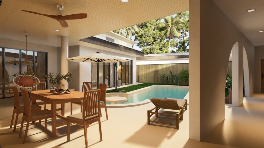Terrasse piscine villa Ruby 4 Lamai Koh Samui, table à manger en teck six places, transats en bambou et piscine à sel entourée de végétation