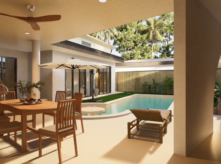 Terrasse piscine villa Ruby 4 Lamai Koh Samui, table à manger en teck six places, transats en bambou et piscine à sel entourée de végétation