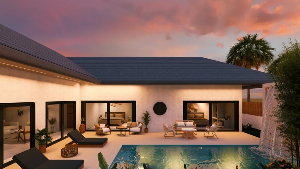 Villa 3 chambres piscine privée Siam Harmony Lamai Koh Samui, terrasse au coucher de soleil