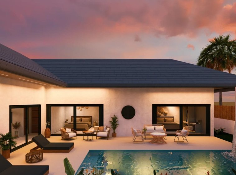 Villa 3 chambres piscine privée Siam Harmony Lamai Koh Samui, terrasse au coucher de soleil