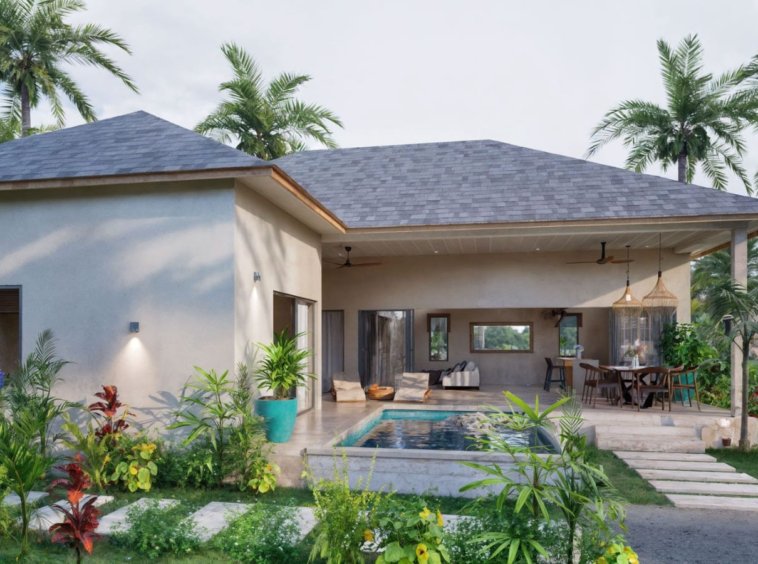Villa à vendre Koh Samui – façade extérieure avec piscine privée, terrasse couverte, jardin tropical et palmiers