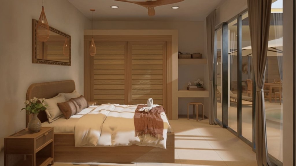 Chambre avec terrasse villa Ruby Lamai Koh Samui, lit en bois avec tête de lit en rotin, armoire en bois et accès direct sur la terrasse et piscine