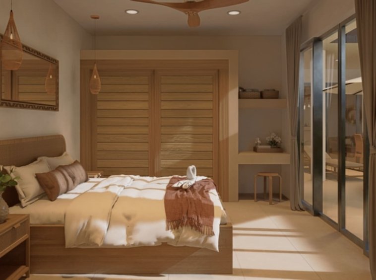 Chambre avec terrasse villa Ruby Lamai Koh Samui, lit en bois avec tête de lit en rotin, armoire en bois et accès direct sur la terrasse et piscine