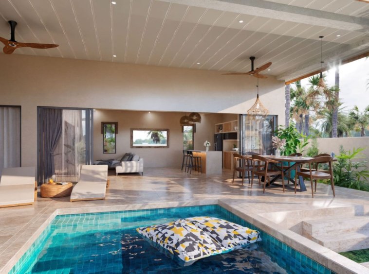 Terrasse piscine villa Koh Samui – espace repas extérieur, transats, cuisine ouverte et piscine privée carrelée bleue