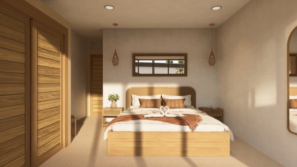 Chambre villa Ruby 4 Koh Samui, lit double en bois clair avec tête de lit en rotin, suspensions en verre ambré et armoire en bois massif