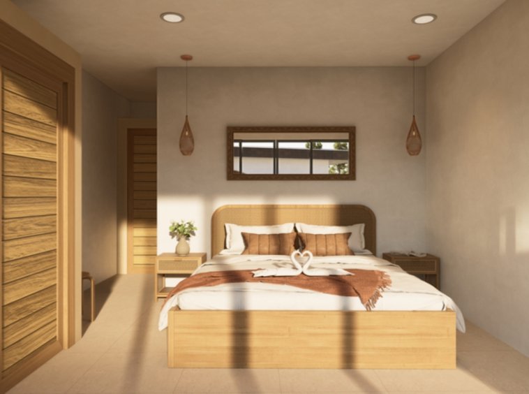 Chambre villa Ruby 4 Koh Samui, lit double en bois clair avec tête de lit en rotin, suspensions en verre ambré et armoire en bois massif