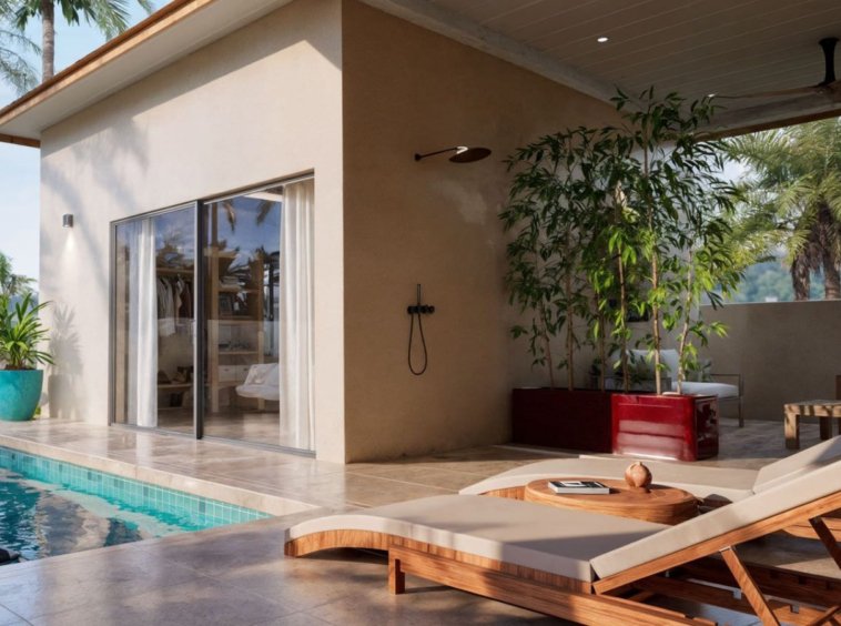 Villa Koh Samui – transats en teck au bord de la piscine privée avec douche extérieure et vue sur les collines