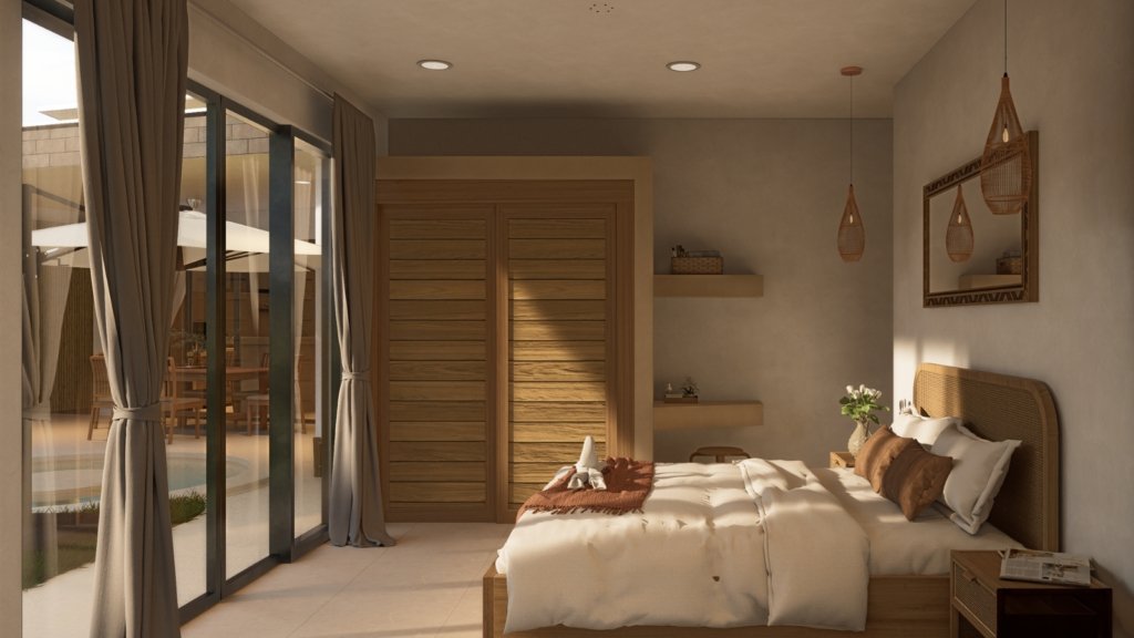 Chambre avec accès terrasse villa Ruby 4 Lamai, lit en bois avec tête de lit en rotin, baies vitrées coulissantes et vue directe sur la piscine privée